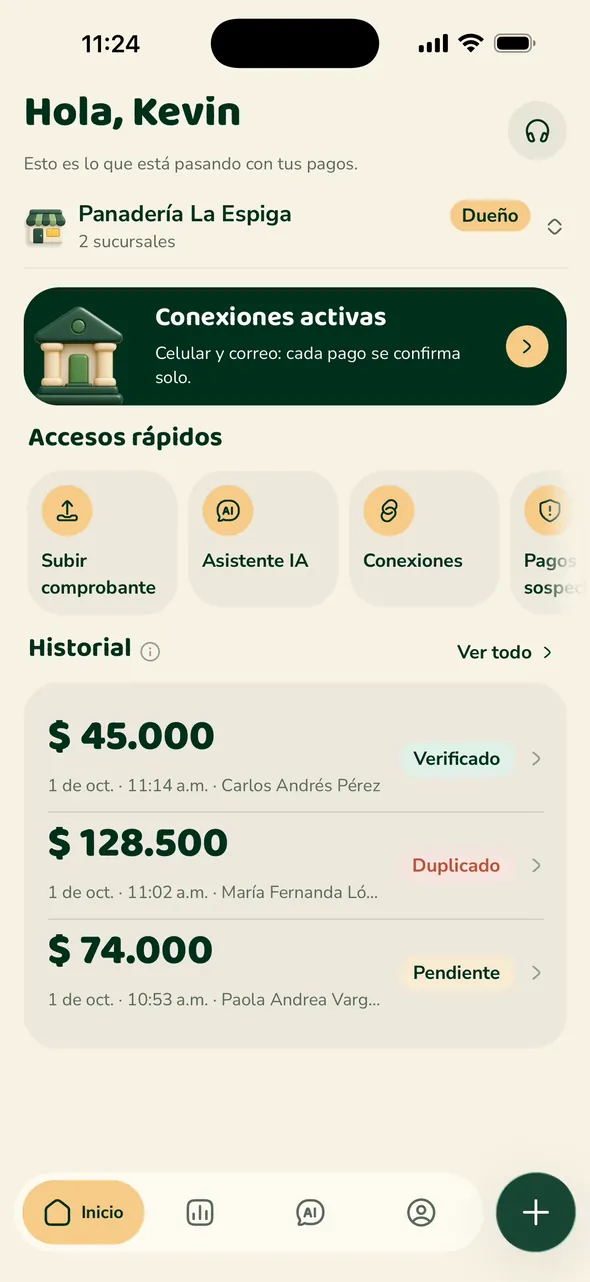 Inicio de la app de Verifika con las conexiones activas y el historial de pagos verificados