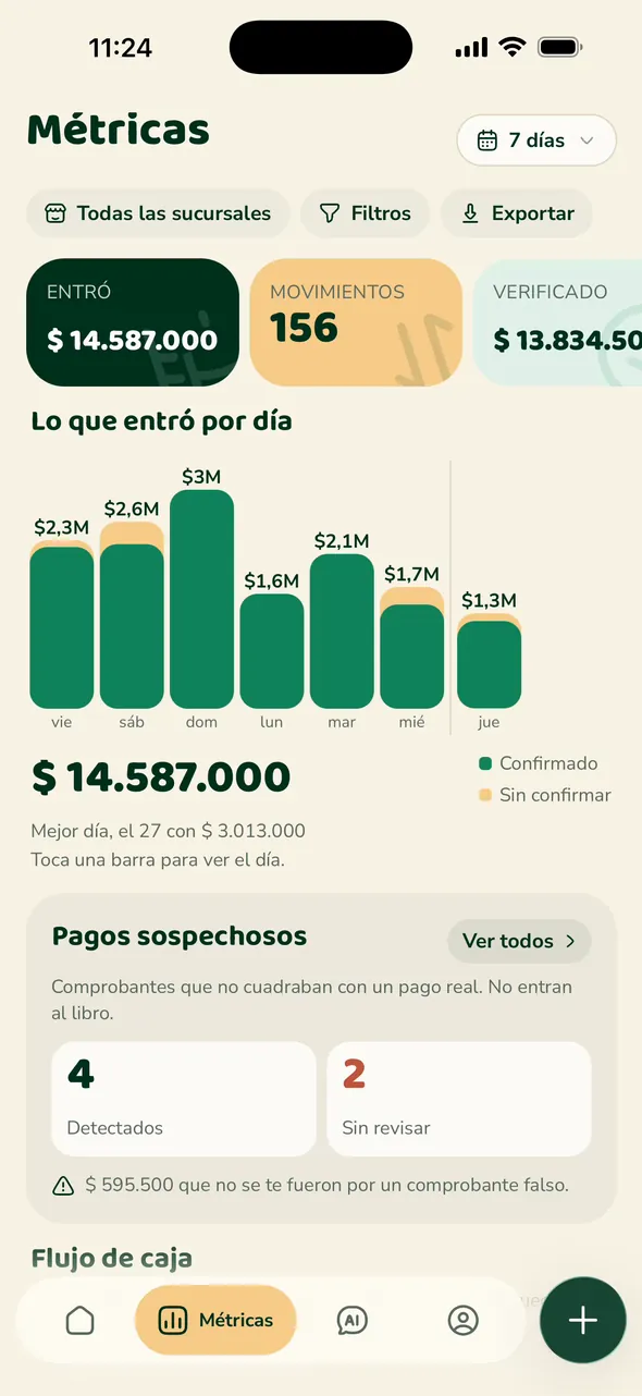Métricas de Verifika con lo que entró por día y los pagos sospechosos