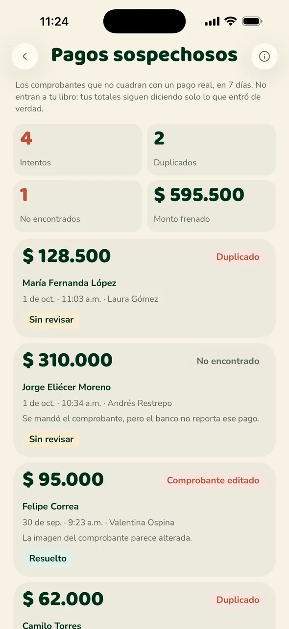 Pagos sospechosos en la app de Verifika